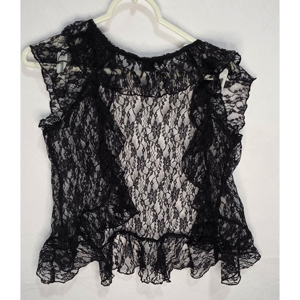 Paper Tee Black Floral Lace Ruffle Vest Sheer Open Front Cap Sleeve Medium - Picture 2 of 8
